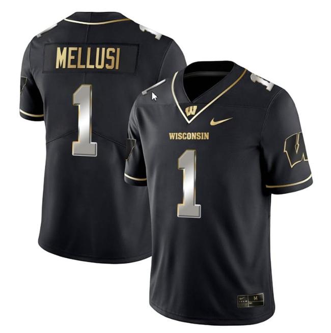 Men's Chez Mellusi Jersey #1 Wisconsin Badgers Gold Vapor College Football Black Limited