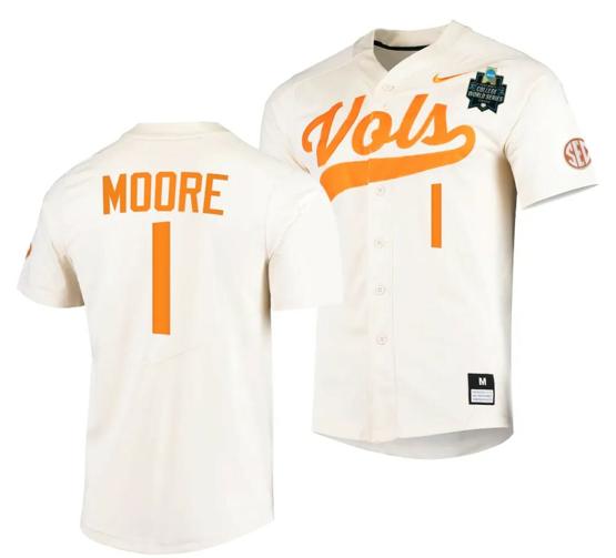 Men's Christian Moore Jersey Tennessee Volunteers #1 Natural 2023 NCAA Baseball College World Series OMAHA 8