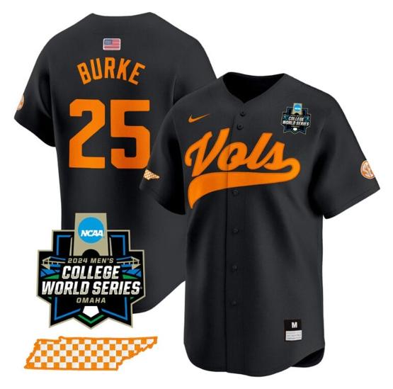 Men's Blake Burke Jersey #25 Tennessee Volunteers 2024 College World Series Vapor Premier Limited NCAA Baseball Stitched Black