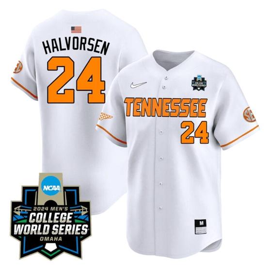 Men's Seth Halvorsen Jersey #24 Tennessee Volunteers 2024 College World Series Patch Vapor Premier Limited NCAA Baseball Stitched White