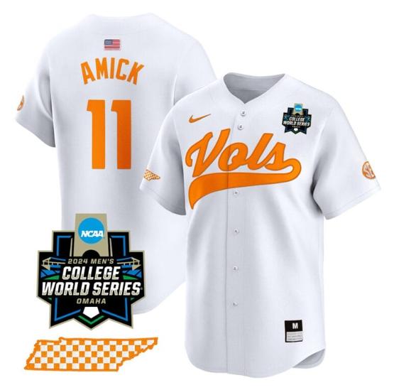 Men's Billy Amick Jersey #11 Tennessee Volunteers 2024 College World Series Vapor Premier Limited NCAA Baseball Stitched White