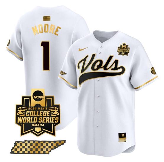 Men's Christian Moore Jersey #1 Tennessee Volunteers 2024 College World Series Vapor Premier Limited NCAA Baseball Stitched White Gold