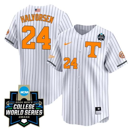 Men's Seth Halvorsen Jersey #24 Tennessee Volunteers 2024 College World Series Patch Vapor Premier Limited NCAA Baseball Stitched Pinstripe