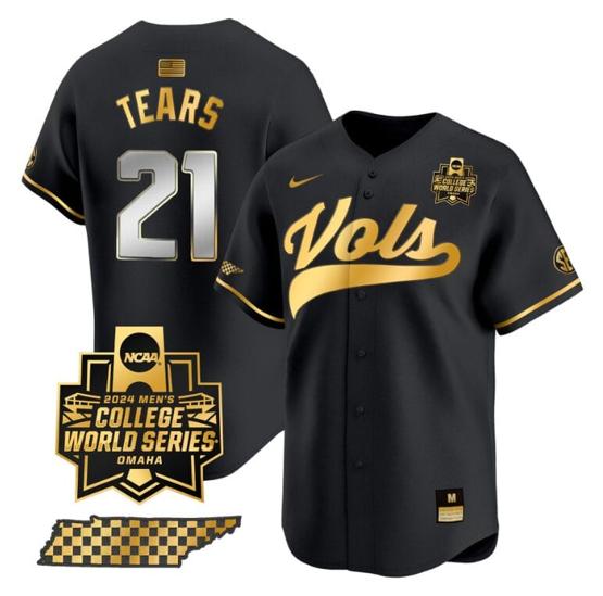 Men's Kavares Tears Jersey #21 Tennessee Volunteers 2024 College World Series Vapor Premier Limited NCAA Baseball Stitched Black Gold