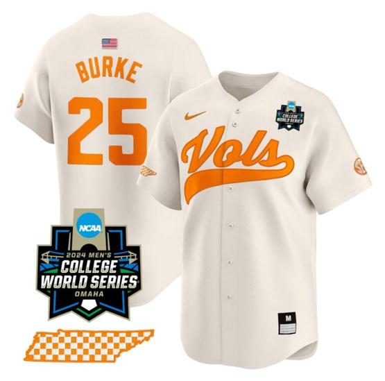 Men's Blake Burke Jersey #25 Tennessee Volunteers 2024 College World Series Vapor Premier Limited NCAA Baseball Stitched Cream