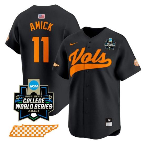 Men's Billy Amick Jersey #11 Tennessee Volunteers 2024 College World Series Vapor Premier Limited NCAA Baseball Stitched Black