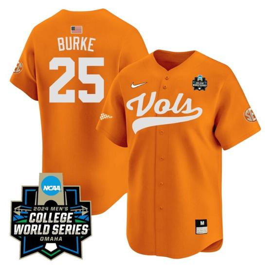 Men's Blake Burke Jersey #25 Tennessee Volunteers 2024 College World Series Patch Vapor Premier Limited NCAA Baseball Stitched Orange