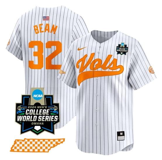 Men's Drew Beam Jersey #32 Tennessee Volunteers 2024 College World Series Vapor Premier Limited NCAA Baseball Stitched Pinstripe