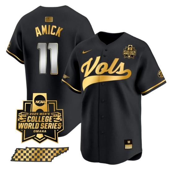 Men's Billy Amick Jersey #11 Tennessee Volunteers 2024 College World Series Vapor Premier Limited NCAA Baseball Stitched Black Gold