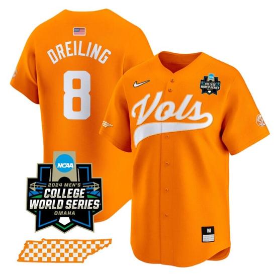 Men's Dylan Dreiling Jersey #8 Tennessee Volunteers 2024 College World Series Vapor Premier Limited NCAA Baseball Stitched Orange