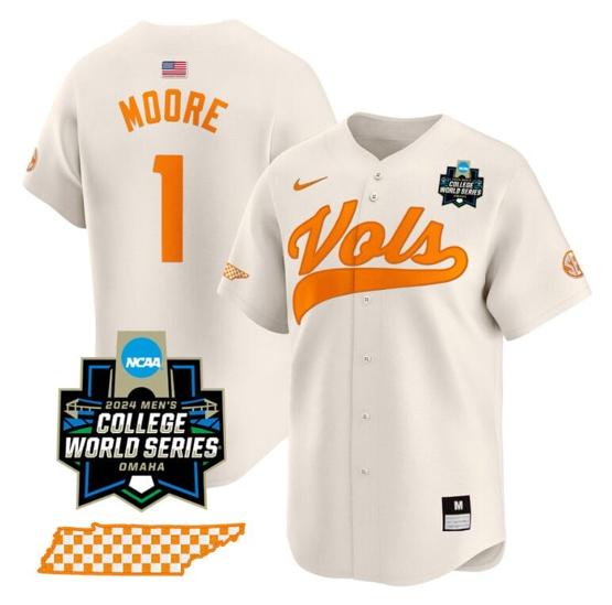 Men's Christian Moore Jersey #1 Tennessee Volunteers 2024 College World Series Vapor Premier Limited NCAA Baseball Stitched Cream