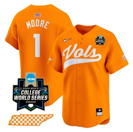 Men's Christian Moore Jersey #1 Tennessee Volunteers 2024 College World Series Vapor Premier Limited NCAA Baseball Stitched Orange