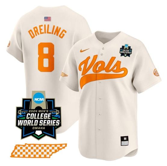 Men's Dylan Dreiling Jersey #8 Tennessee Volunteers 2024 College World Series Vapor Premier Limited NCAA Baseball Stitched Cream