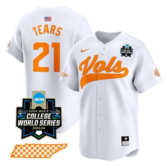 Men's Kavares Tears Jersey #21 Tennessee Volunteers 2024 College World Series Vapor Premier Limited NCAA Baseball Stitched White