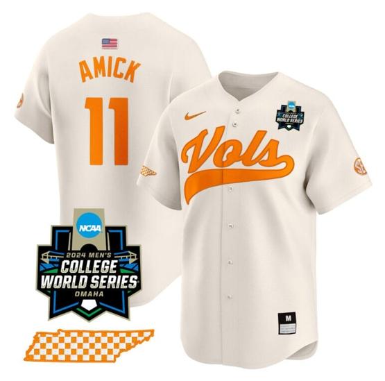 Men's Billy Amick Jersey #11 Tennessee Volunteers 2024 College World Series Vapor Premier Limited NCAA Baseball Stitched Cream