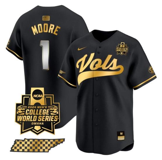 Men's Christian Moore Jersey #1 Tennessee Volunteers 2024 College World Series Vapor Premier Limited NCAA Baseball Stitched Black Gold