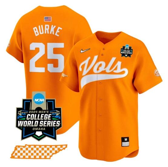 Men's Blake Burke Jersey #25 Tennessee Volunteers 2024 College World Series Vapor Premier Limited NCAA Baseball Stitched Orange