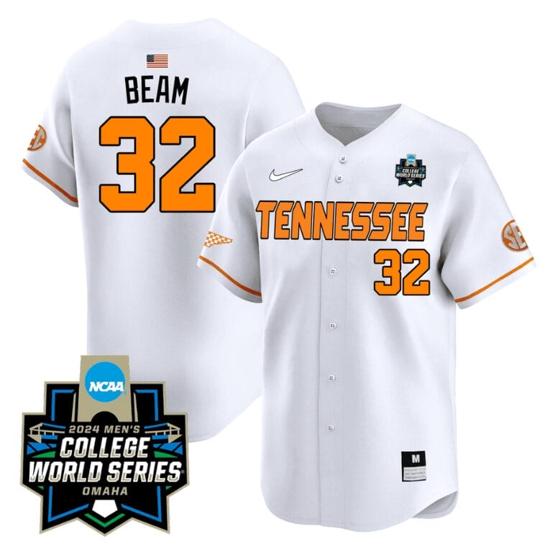 Men's Drew Beam Jersey #32 Tennessee Volunteers 2024 College World Series Patch Vapor Premier Limited NCAA Baseball Stitched White