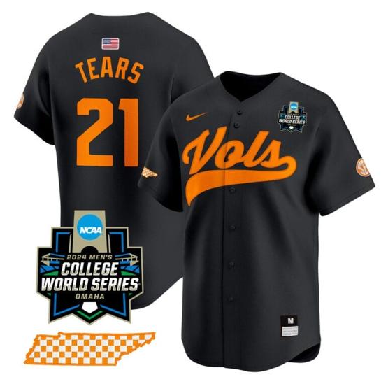 Men's Kavares Tears Jersey #21 Tennessee Volunteers 2024 College World Series Vapor Premier Limited NCAA Baseball Stitched Black