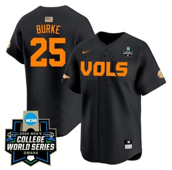 Men's Blake Burke Jersey #25 Tennessee Volunteers 2024 College World Series Patch Vapor Premier Limited NCAA Baseball Stitched Black