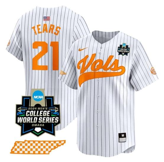 Men's Kavares Tears Jersey #21 Tennessee Volunteers 2024 College World Series Vapor Premier Limited NCAA Baseball Stitched Pinstripe