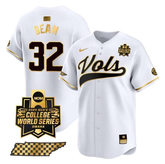 Men's Drew Beam Jersey #32 Tennessee Volunteers 2024 College World Series Vapor Premier Limited NCAA Baseball Stitched White Gold