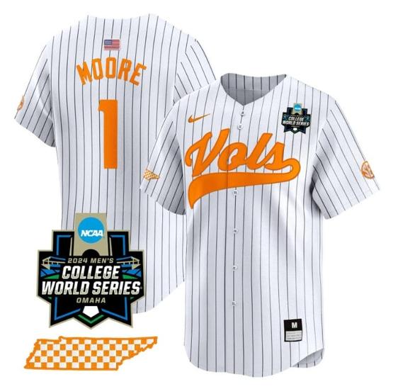 Men's Christian Moore Jersey #1 Tennessee Volunteers 2024 College World Series Vapor Premier Limited NCAA Baseball Stitched Pinstripe