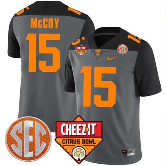 Men's Bru McCoy Jersey #15 Tennessee Volunteers Football Cheez It Citrus Bowl Patch Smoke Gray