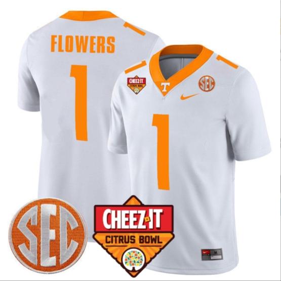 Men's Trevon Flowers Jersey #1 Tennessee Volunteers Football Cheez It Citrus Bowl Patch White