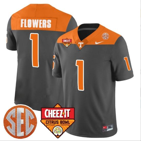 Men's Trevon Flowers Jersey #1 Tennessee Volunteers Football Cheez It Citrus Bowl Patch Gray