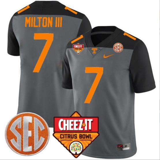 Men's Joe Milton III Jersey #7 Tennessee Volunteers Football Cheez It Citrus Bowl Patch Smoke Gray