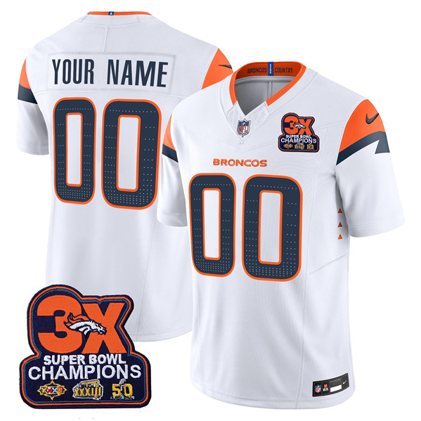 Men's Denver Broncos ACTIVE PLAYER Custom White 2024 F.U.S.E. 3-Time Champions Patch Vapor Limited Stitched Football Jersey