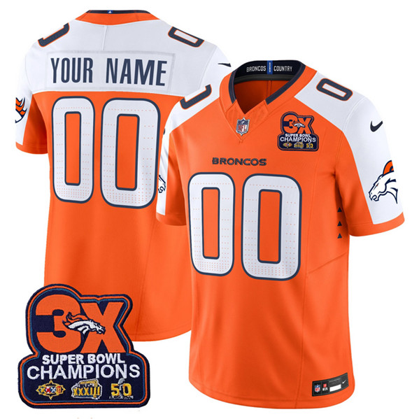 Men's Denver Broncos ACTIVE PLAYER Custom Orange 2024 F.U.S.E. 3-Time Champions Patch Alternate Vapor Limited Stitched Football Jersey