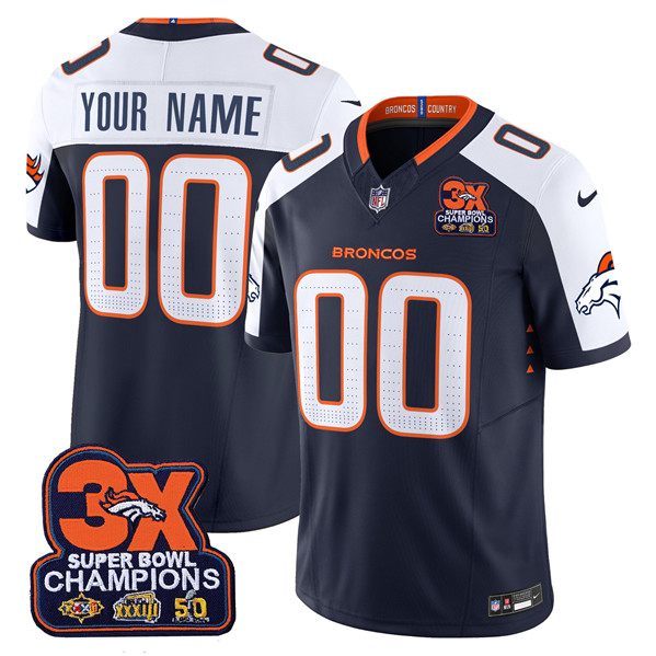 Men's Denver Broncos ACTIVE PLAYER Custom Navy 2024 F.U.S.E. 3-Time Champions Patch Alternate Vapor Limited Stitched Football Jersey