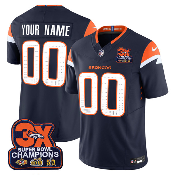 Men's Denver Broncos ACTIVE PLAYER Custom Navy 2024 F.U.S.E. 3-Time Champions Patch Vapor Limited Stitched Football Jersey