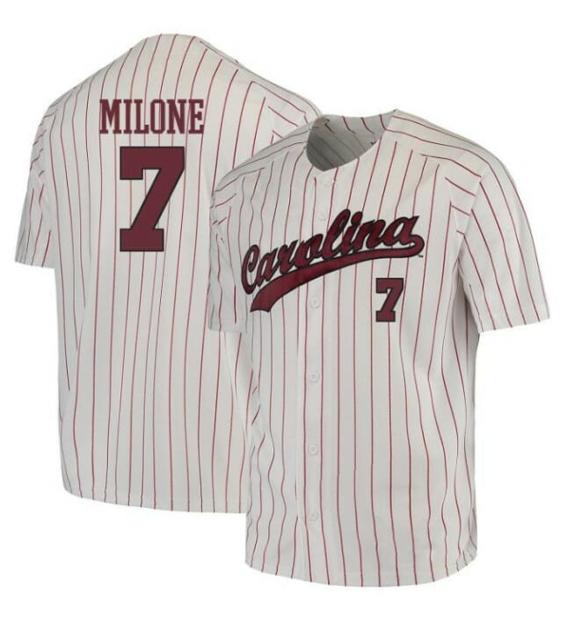 Men's Brennan Milone Jersey South Carolina Gamecocks Baseball NCAA College White Red Stripe Alumni #7