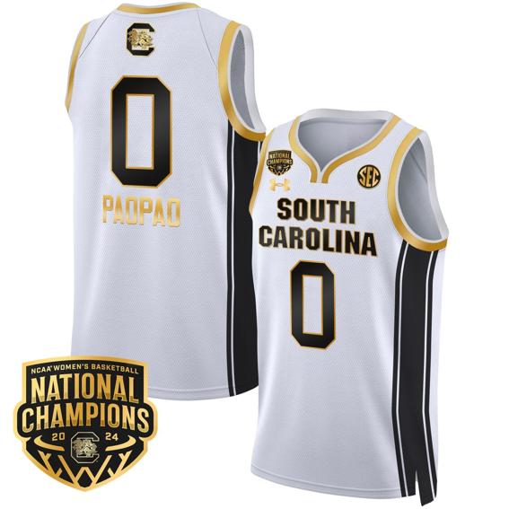 Men's Te-Hina Paopao Jersey #0 South Carolina Gamecocks Basketball 2024 National Champions All Stitched White Gold