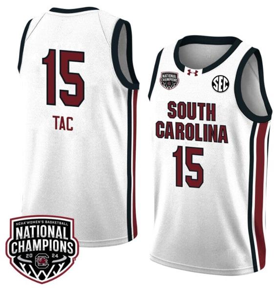 Men's Adhel Tac Jersey #15 South Carolina Gamecocks 2024 NCAA Basketball National Champions White Red