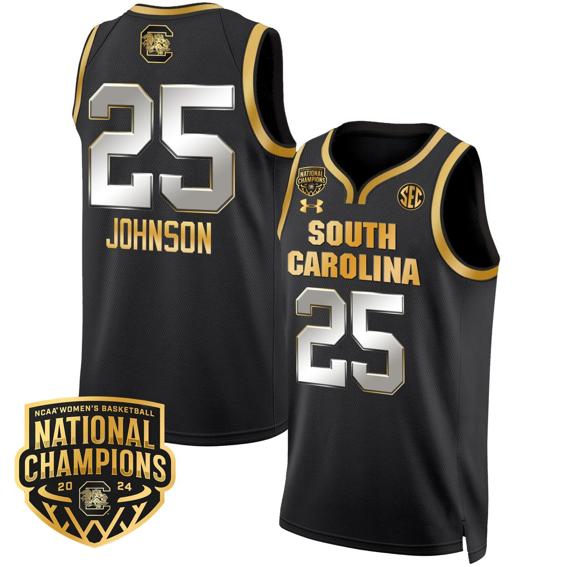 Men's Raven Johnson Jersey #25 South Carolina Gamecocks Basketball 2024 National Champions All Stitched Black Gold