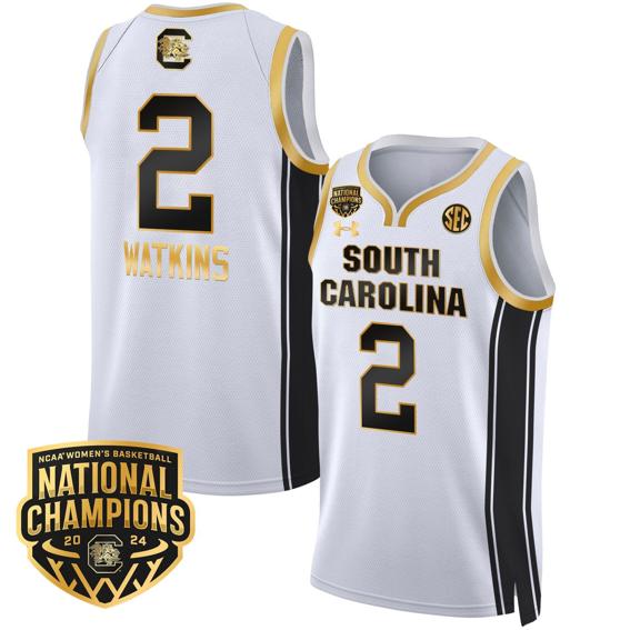 Men's Ashlyn Watkins Jersey #2 South Carolina Gamecocks Basketball 2024 National Champions All Stitched White Gold