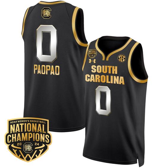 Men's Te-Hina Paopao Jersey #0 South Carolina Gamecocks Basketball 2024 National Champions All Stitched Black Gold