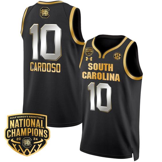 Men's Kamilla Cardoso Jersey #10 South Carolina Gamecocks Basketball 2024 National Champions All Stitched Black Gold