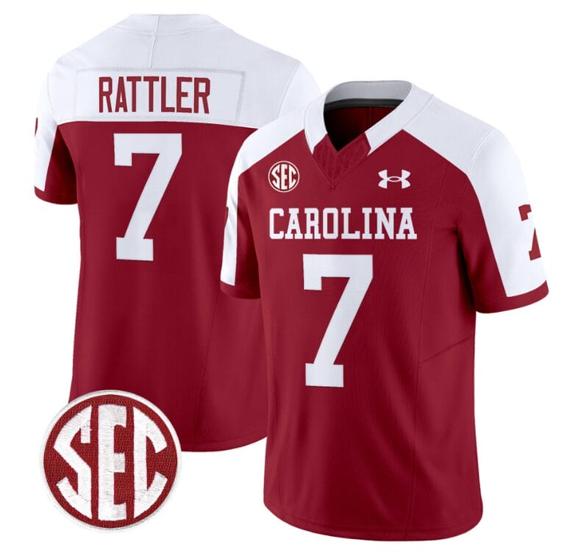 Men's Spencer Rattler Jersey #7 South Carolina Gamecocks Football 1980 Throwback Vapor Limited SEC Patch Garnet Alternate