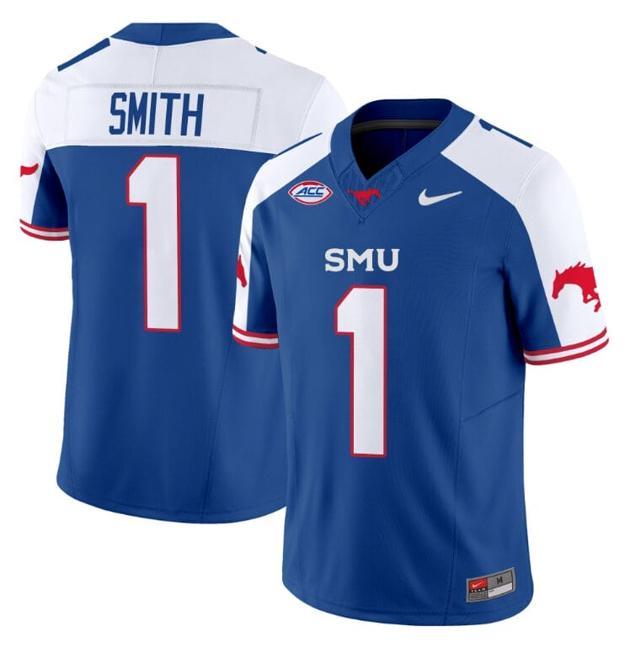 Men's Nike Brashard Smith Jersey #1 SMU Mustangs Icy College Football Vapor Limited Blue Alternate