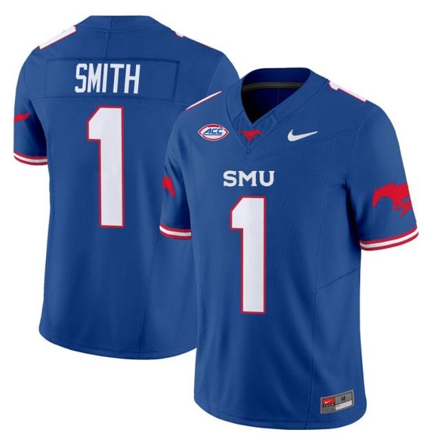 Men's Nike Brashard Smith Jersey #1 SMU Mustangs Icy College Football Vapor Limited Blue