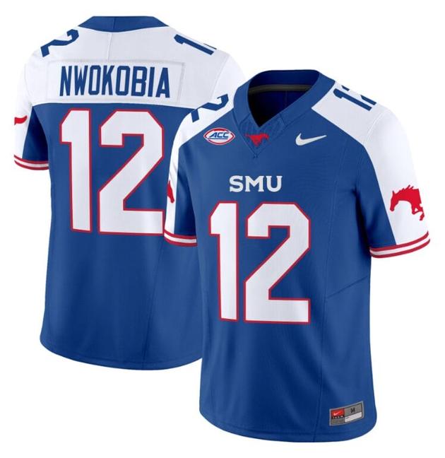 Men's Nike Isaiah Nwokobia Jersey #12 SMU Mustangs Icy College Football Vapor Limited Blue Alternate