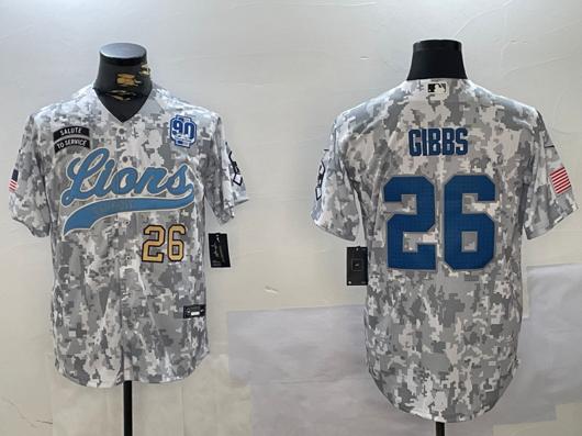 Men's Detroit Lions #26 Jahmyr Gibbs 2024 Arctic Camo Salute To Service 90TH Patch Stitched Baseball Jersey