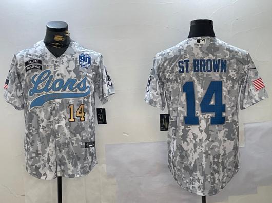 Men's Detroit Lions #14 Amon-Ra St. Brown 2024 Arctic Camo Salute To Service 90TH Patch Stitched Baseball Jerseys