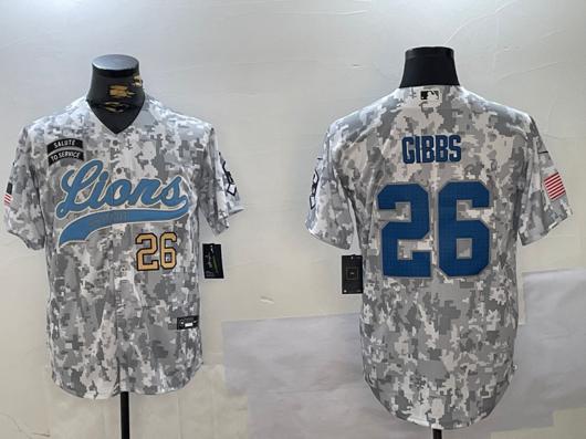 Men's Detroit Lions #26 Jahmyr Gibbs 2024 Arctic Camo Salute To Service Stitched Baseball Jersey