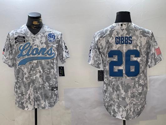 Men's Detroit Lions #26 Jahmyr Gibbs 2024 Arctic Camo Salute To Service 90TH Patch Stitched Baseball Jersey